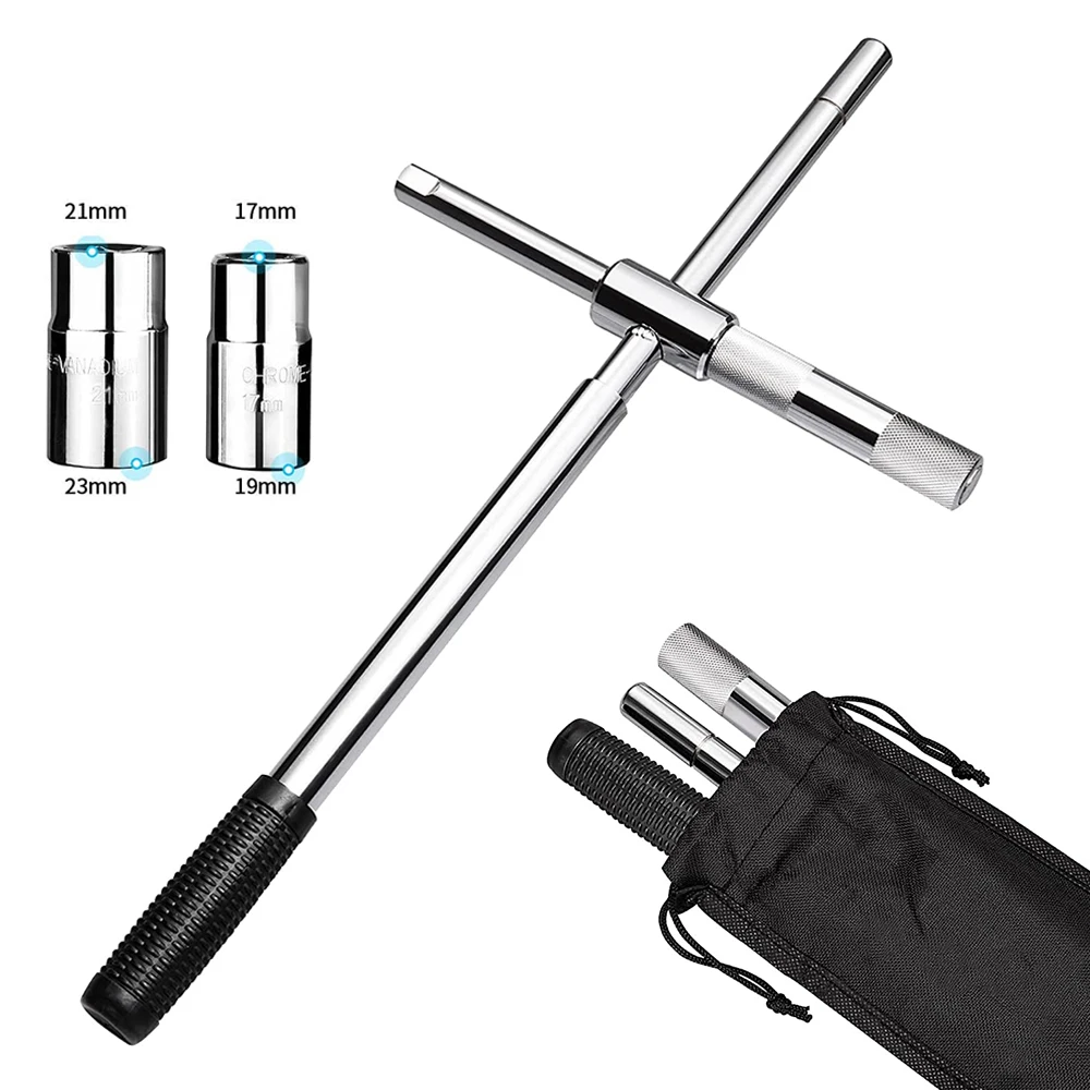 

25" Telescoping Universal Tire Nut Wrench 17/19 21/23mm Socket 4 Way Tire Iron Nut Removal Tool Wrench with Storage Bag