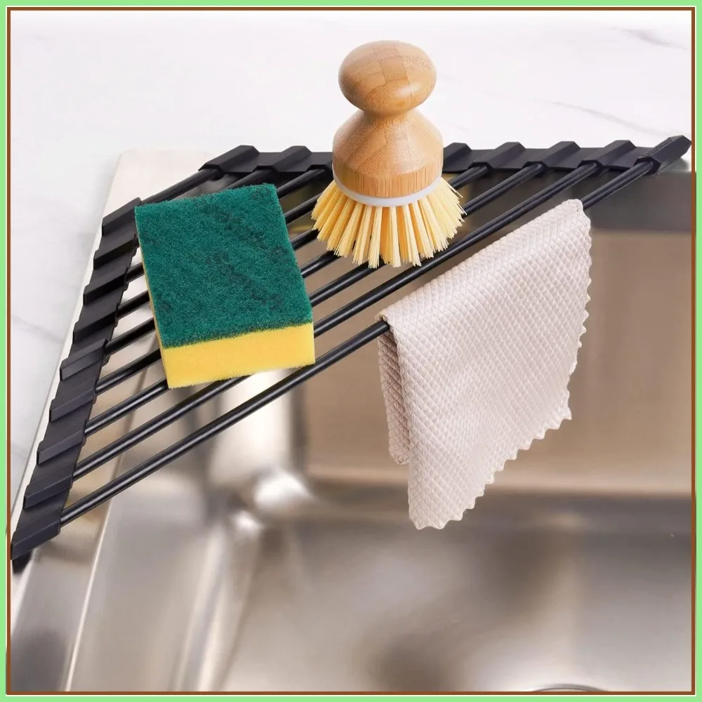 

Space-Saving Triangle Roll-Up Dish Drying Rack for Sink Corner, Stainless Steel with Silicone Coating, Black