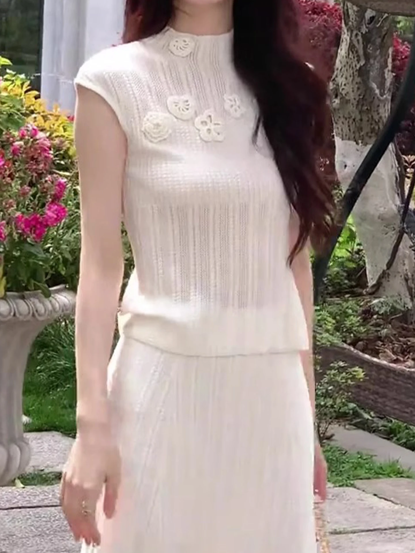 Ele Colete Svel de malha com decoração de flores 3D Coreano Sle Slim Fit Desgaste de viagem Cor pura Top Faion de verão