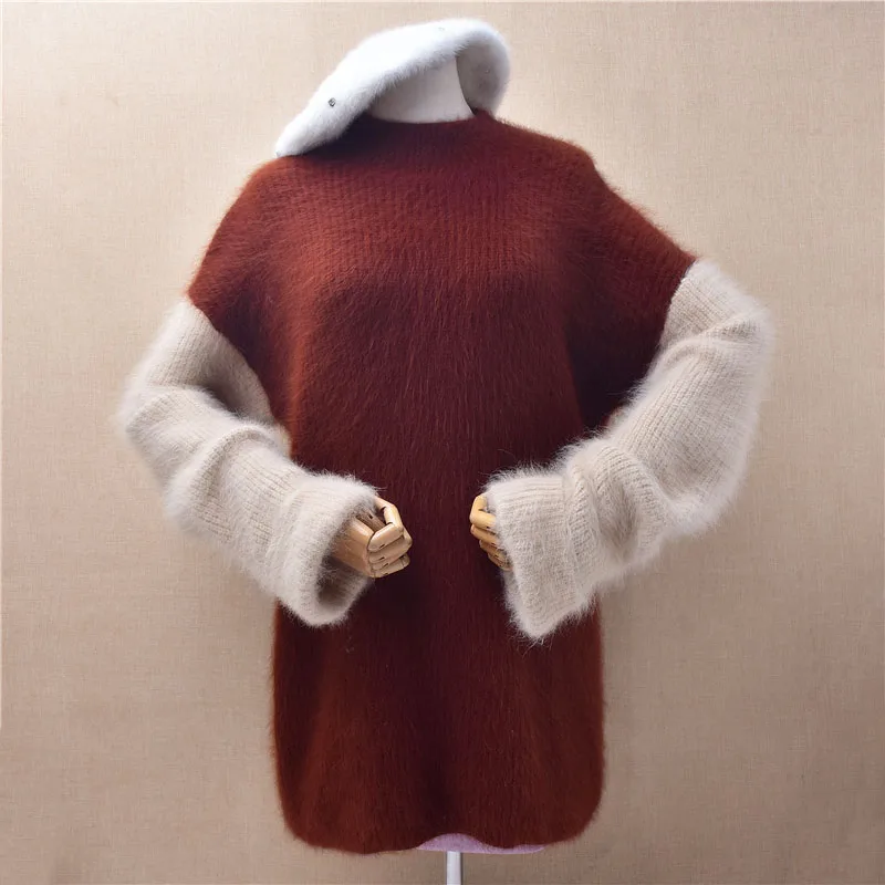 Ladies Women Autumn Winter Clored Thick Warm Hairy Mink Cashmere Knitted O-Neck Long Sleeves Loose Pullover Sweater Jumper Pull