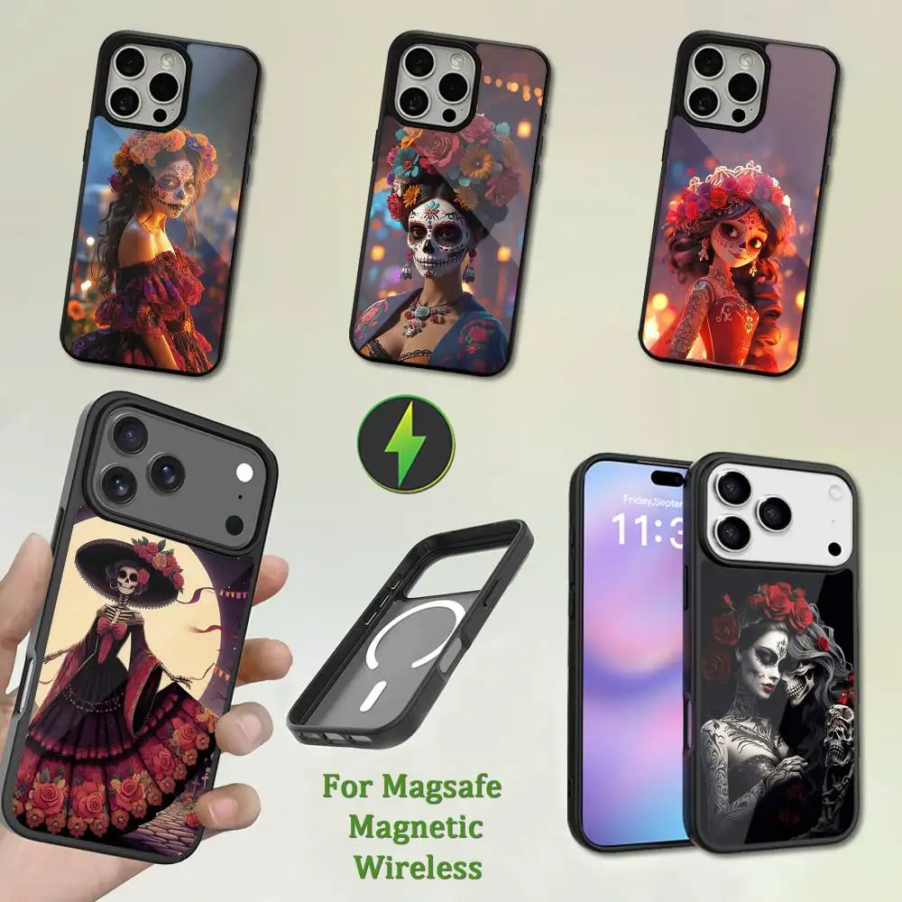 

Mexican Art Skull Girl Phone Case For iPhone 13,12,11,16,15,17,14,Pro,Max,Plus,Mini,Magsafe,Magnetic Wireless Charging