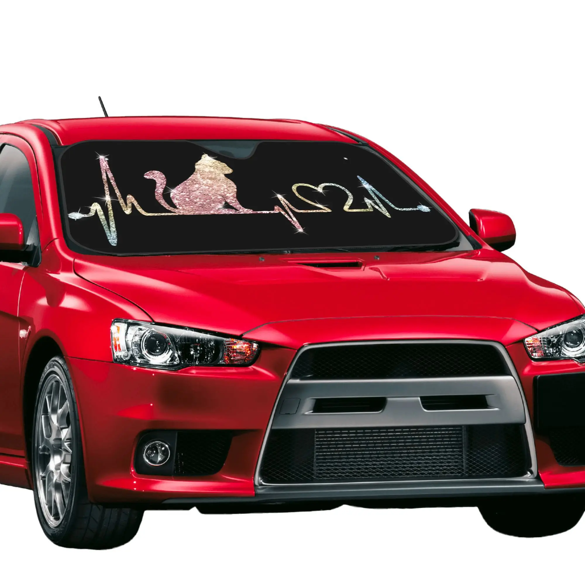 Premium Car Sunshade Featuring A Rhinestone Cat Design With An EKG Heartbeat Pattern, Offering Universal UV And Scratch Resistan