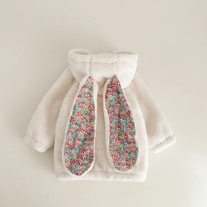 Autumn Winter Fleece Baby Girls Long Outwear Coat Baby Girl Jackets for 1-7Y Toddler Baby Warm Rabbit Hooded Baby Clothes