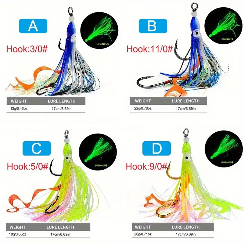 Ackibbik Octopus Jigging Fishing Lures Squid Soft Bait Luminous Silicone Trolling Lures with Assist Hooks Skirt Squid Hook