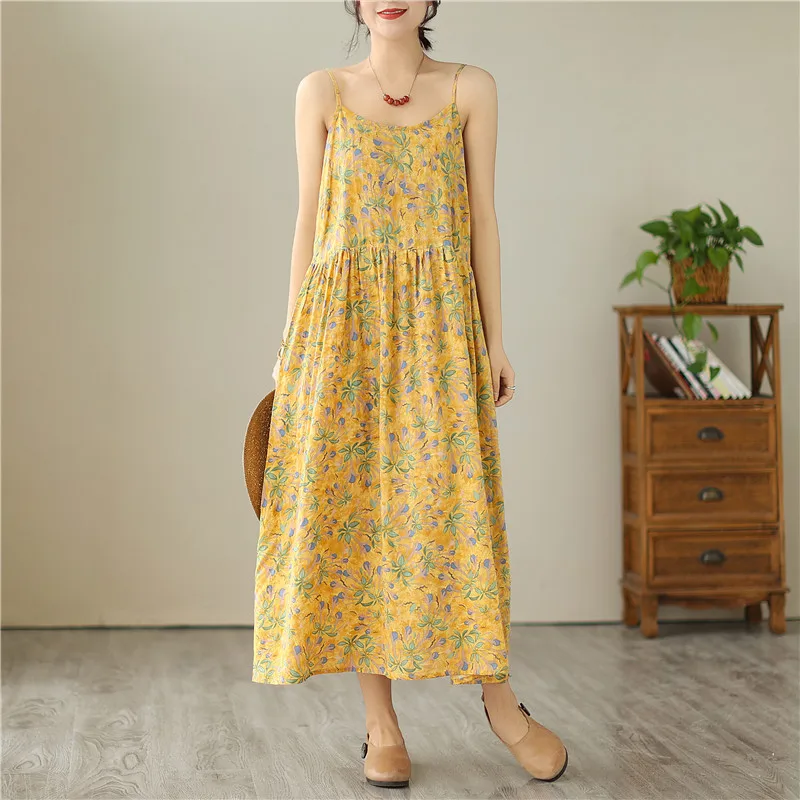 Summer Cotton Sleeveless Spaghetti Strap Print Vintage Long Dresses For Women 2023 New Casual Beach Dress Femme Elegant Clothing