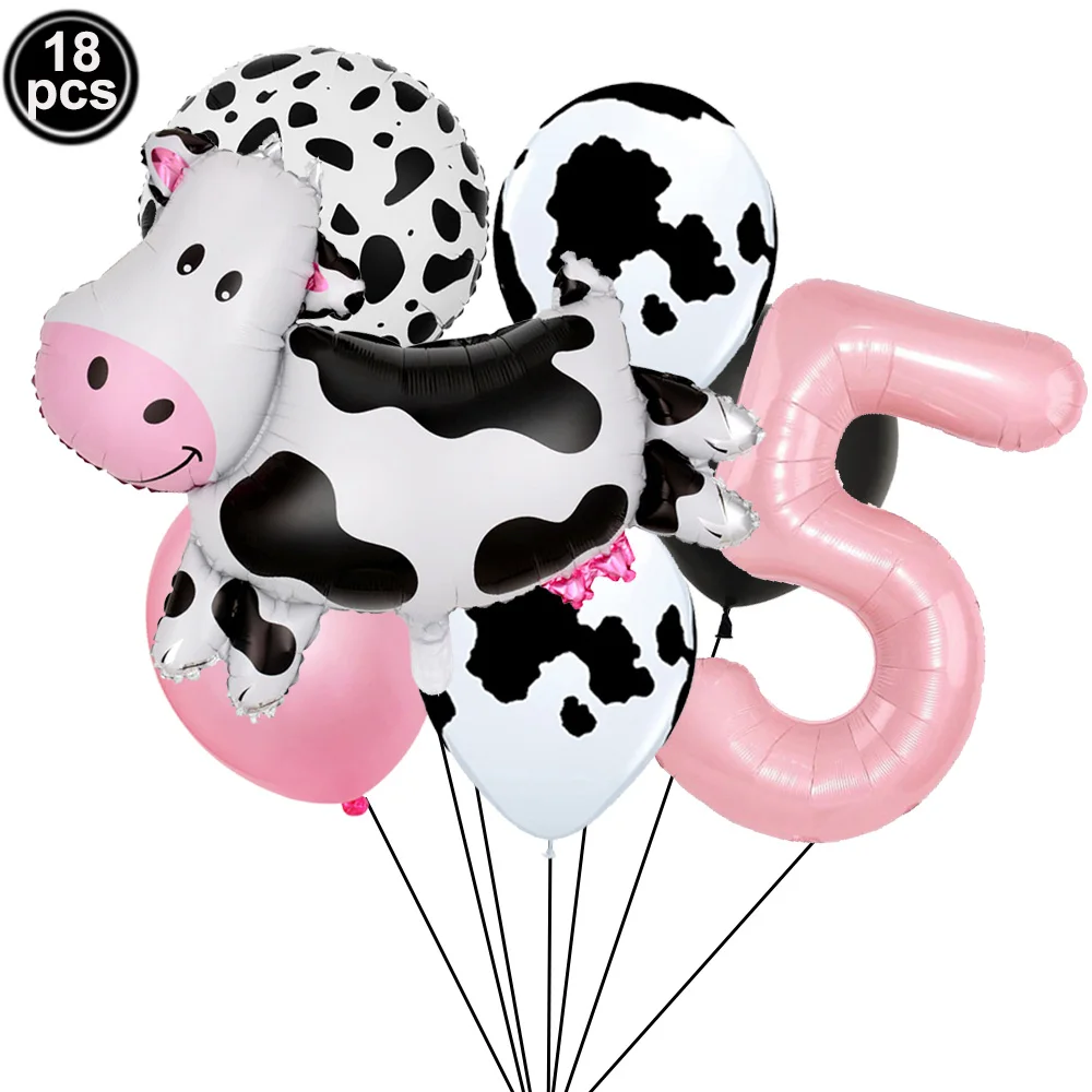 18pcs Cow Number Birthday Balloon 32inch Pink Number Balloon Cow Print Latex Balloon for Cowboy Cowgirl Birthday Party Decor