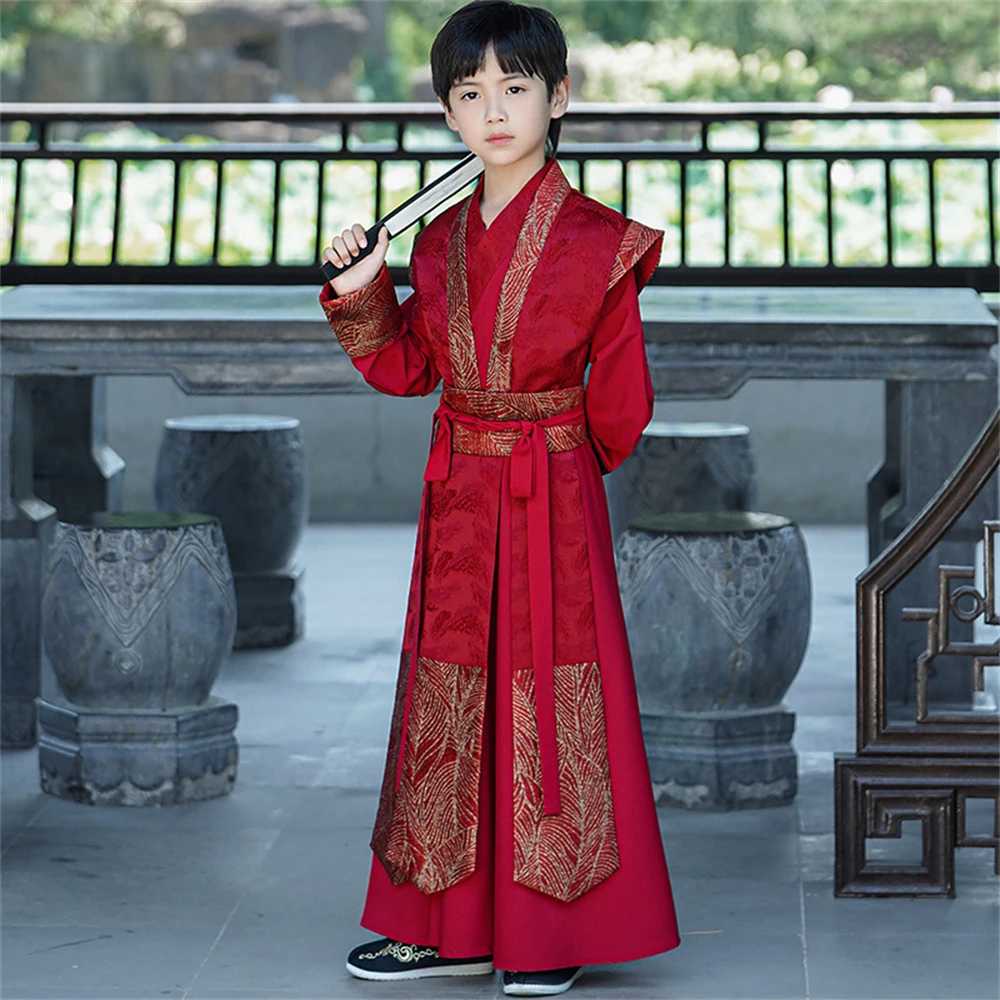 Costume Hanfu traditionnel chinois pour enfants, tenue de performance, beau, haut de gamme, imbibé de Tang, jeune maître, garçon, prairie, amélioré