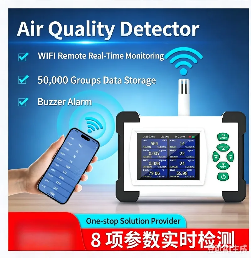 WiFi Air Quality Monitor 8‑in‑1 CO2 HCHO TVOC PM1.0 PM2.5 PM10 Temp Humidity Detector 50000‑Group Data Storage Buzzer Alarm
