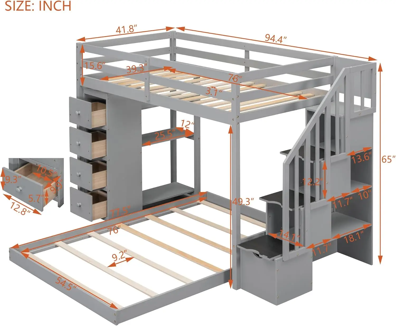 Twin Over Full Bunk Bed Frame For Boys Girls Kids Adults Toddler With 3-Layer Shelves, Drawers And Storage Stairs, Gray