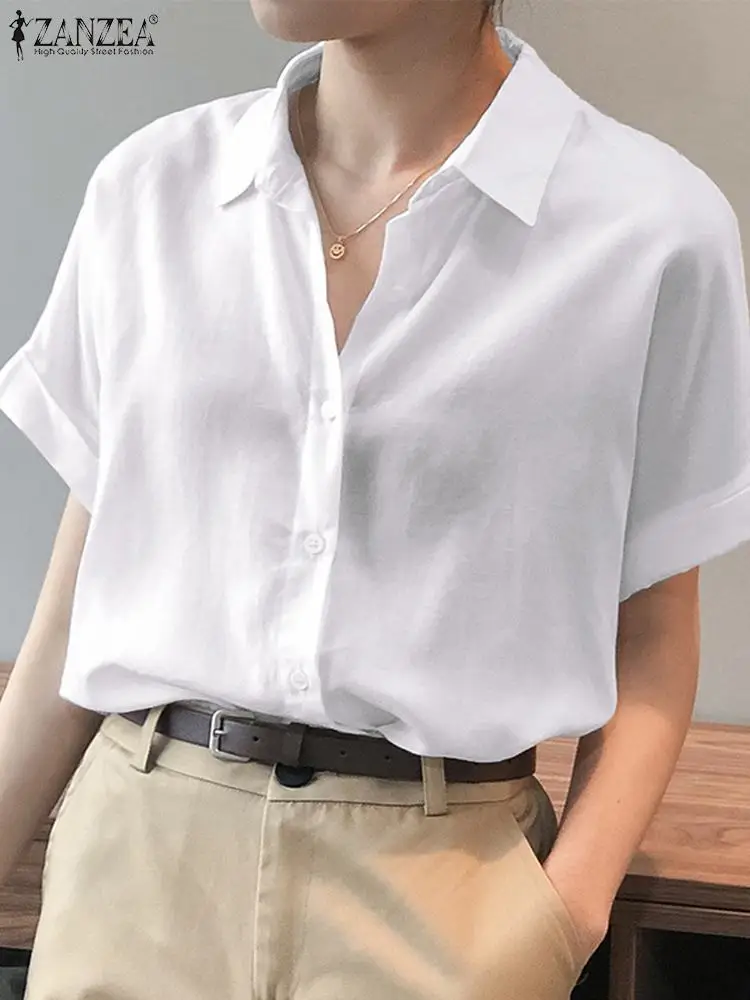 

Elegant Women Solid Shirt Summer Lapel Neck Short Sleeve Blouse ZANZEA Fashion Office Work Blusas Female Loose Tunic Tops 2023