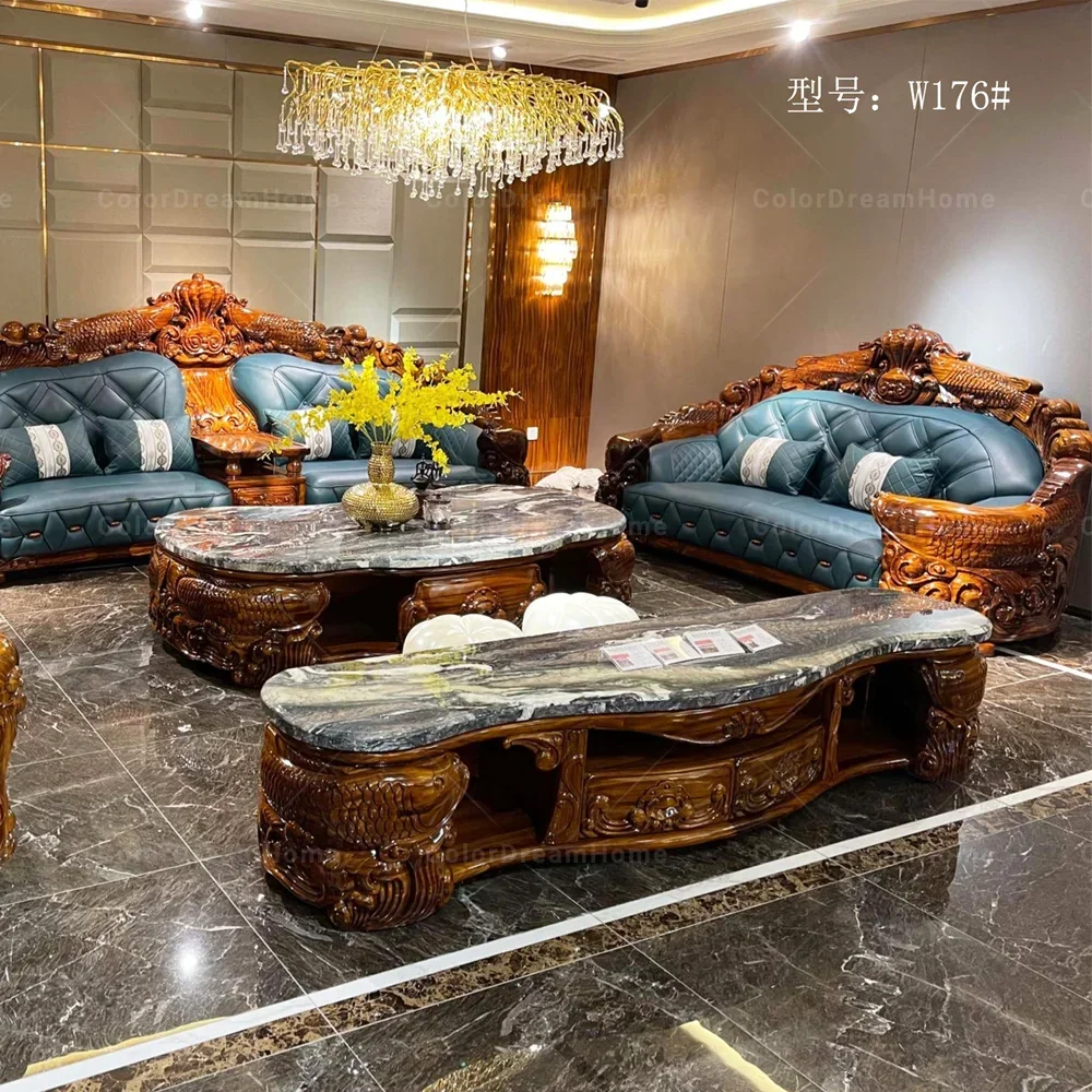 2026 Household villa furniture wood carved sofa set leather sofa ebony living room sofas(old)