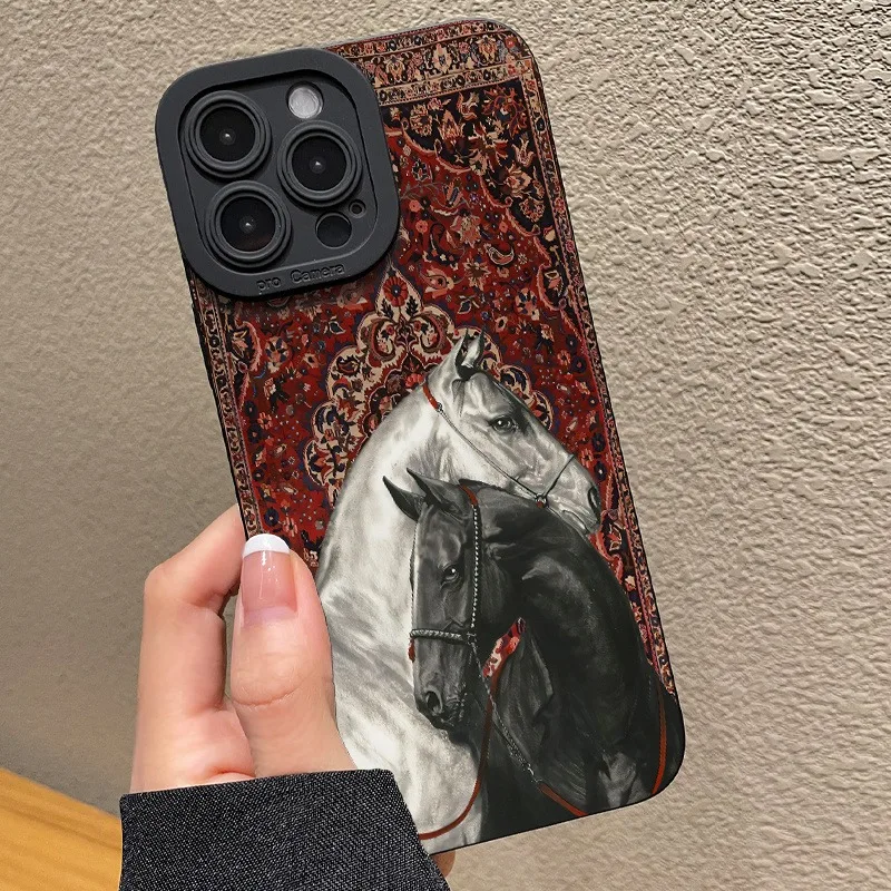 حافظة كلاسيكية بنمط حصان أبيض وأسود لهاتف سامسونج جالاكسي A56 A55 A54 A53 A36 A26 A16 S25 FE S24 Ultra S23 Plus S22 5G #1