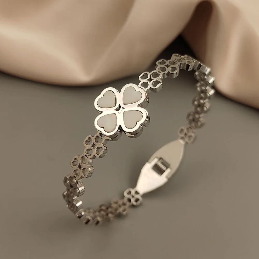 New four leaf clover white shell stainless steel gold plated bracelet, high quality waterproof silver bracelet, wedding jewelry