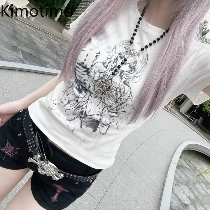 Kimotimo Japanese Cute Anime Printed White Short Sleeve T-shirt Women Summer Y2k Aesthetic Slim Fit Crop Top Vintage Grunge Tees