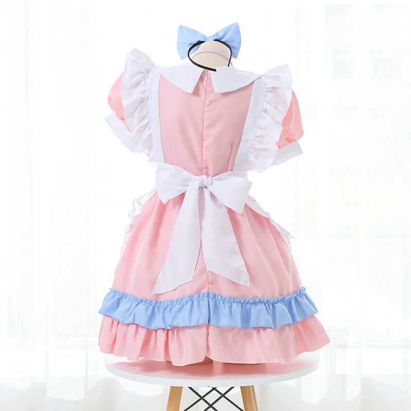 Sweet Pink Maid Dress Kawaii Bowknot Apron Uniform Japanese Cafe Maid Role Play Outfit Anime Cat Girl Cosplay Lolita Costume