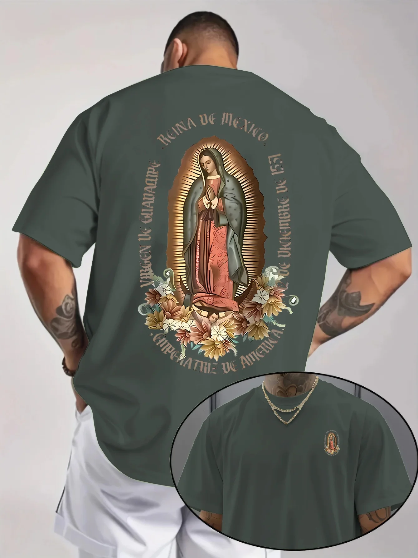 Men's religious T-shirt with a floral print of Our Lady of Guadalupe，suitable for summer daily wear and special occasions view 4