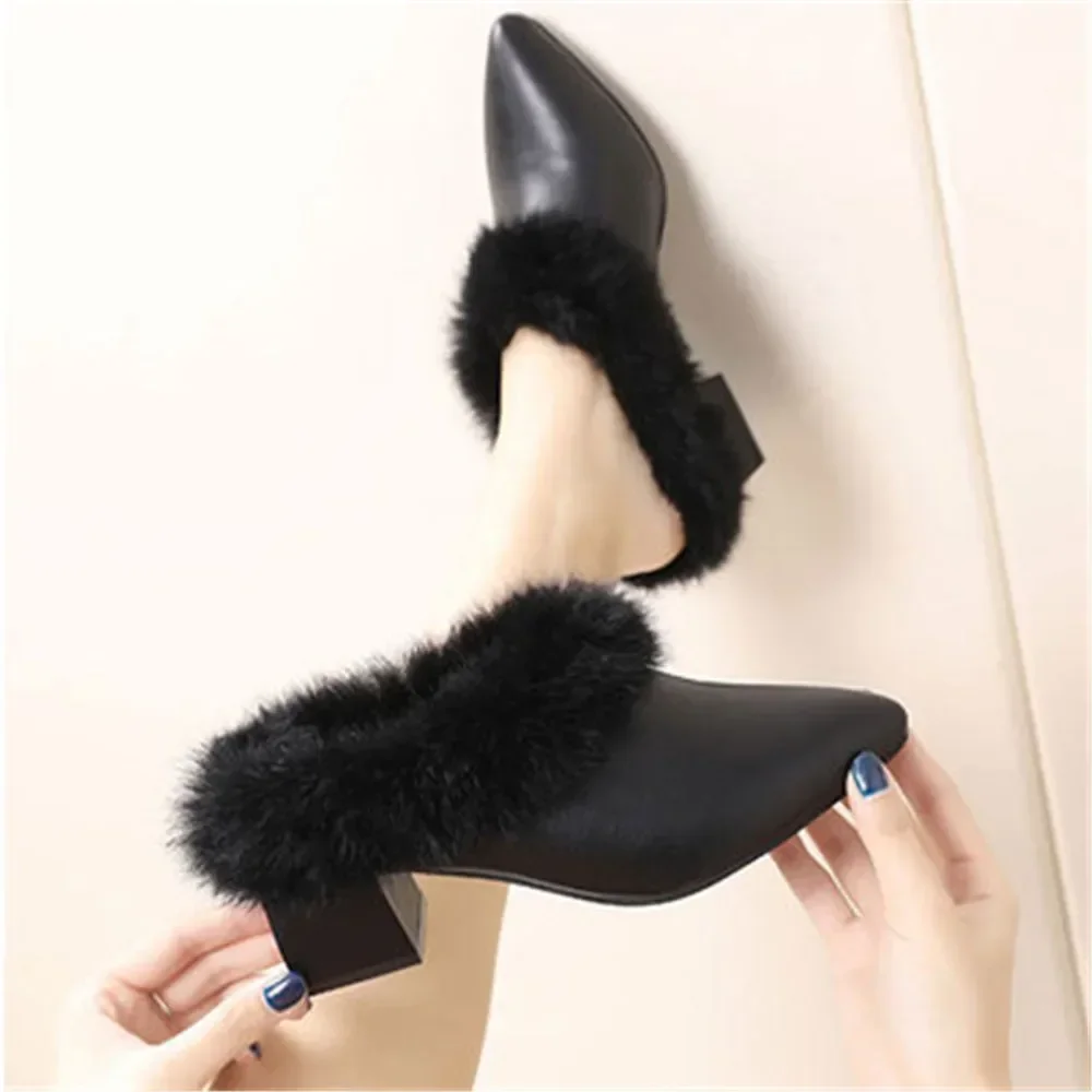 New Winter Woolen Close Toe Slippers Women Sexy Mules New Fashion Pointed Thick Heels Lazy Half Slippers Female Warm Shoes Black