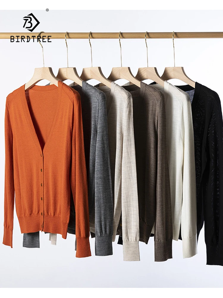 

Birdtree 100%Sheep Wool Machine Washable Seamless One Piece Sweater V-Neck Versatile Knitted Cardigan Sweater Autumn T3D206QC