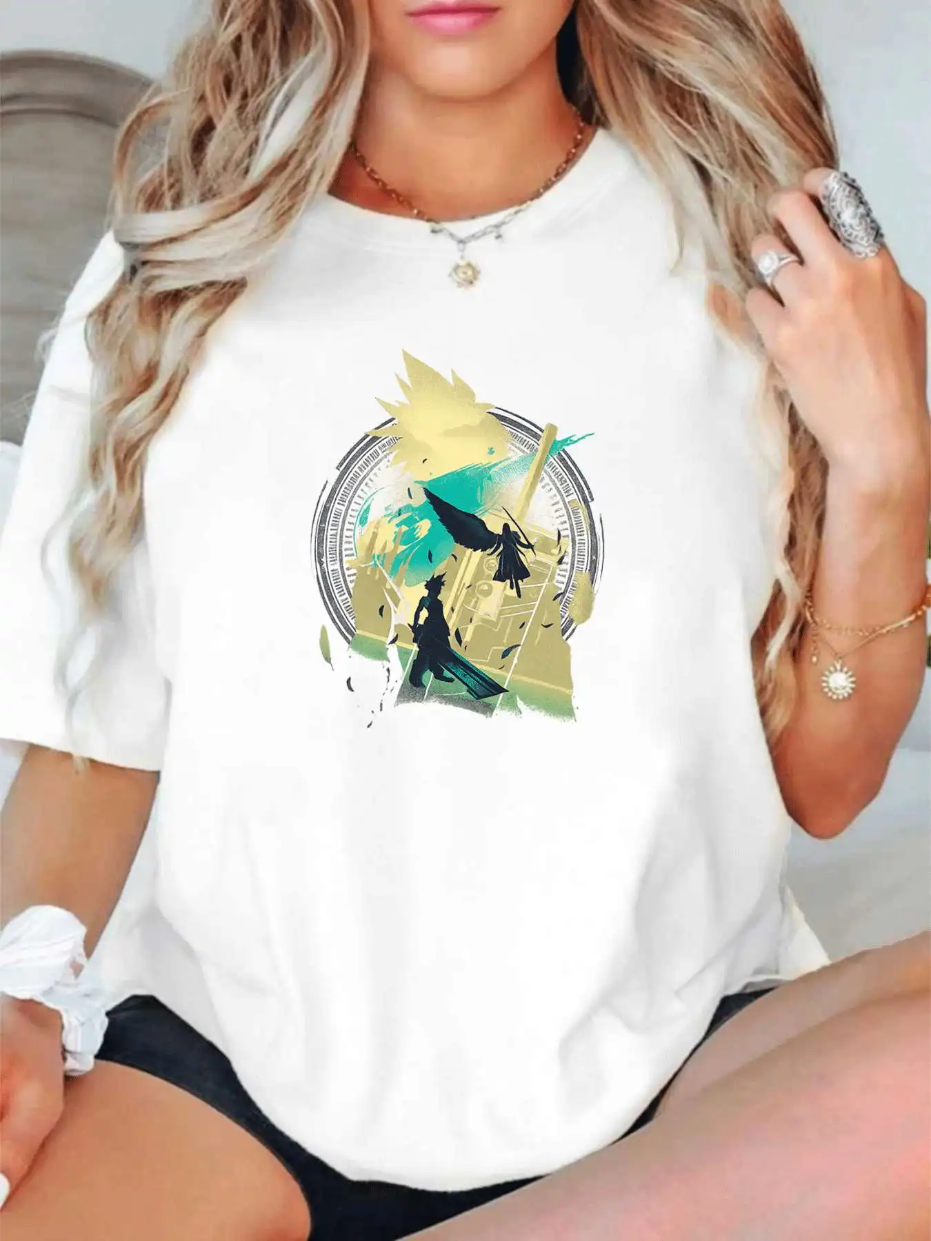 

【1141903】Plus size women's round neck short sleeve T-shirt with elastic half sleeves and trendy prints