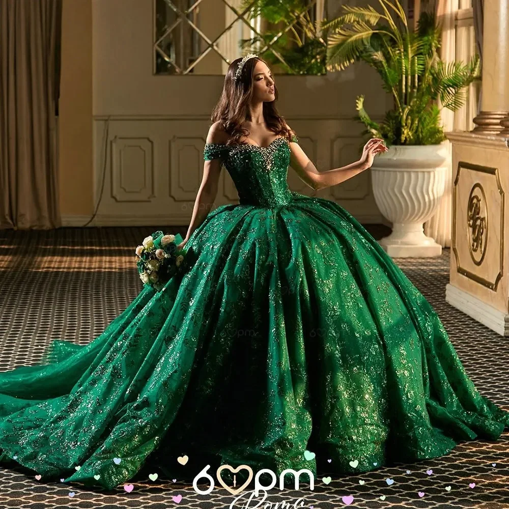 グリーンチャロキンセアニェーラドレスボールガウンオフショルダーアップリケビーズメキシコスイート16ドレス15アノスカスタマイズ