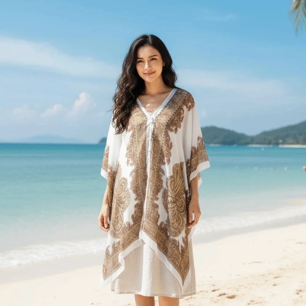

Breathable Big Printed Flower Shawl with Buckle Polyester Sunscreen Thin Large Scarf Lightweight Long Seaside Vacation Cloak