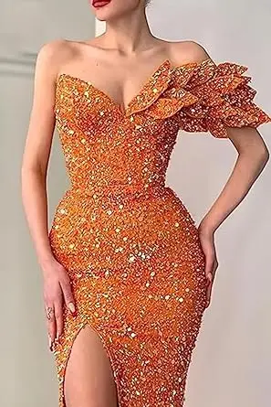 High-end sequin party dress Asymmetrical One Shoulder Slim Backless Tea-Length Dress  for Bridesmaid Party Pageant Prom Cocktail