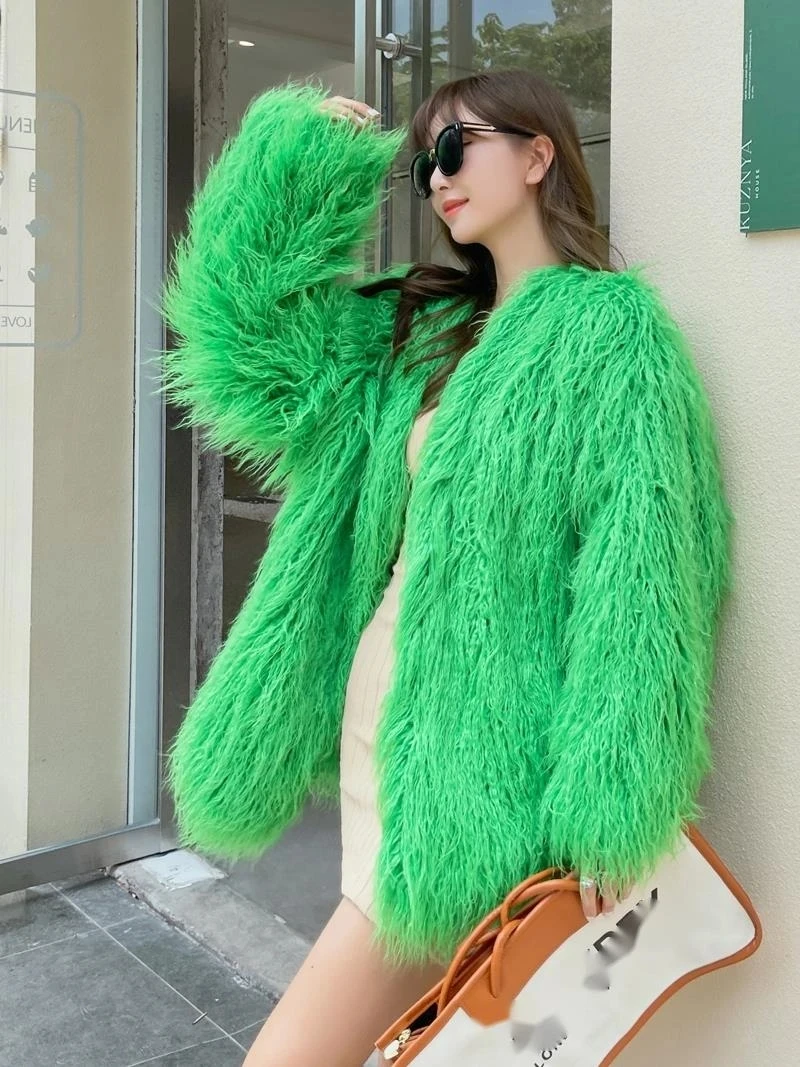 

Winter Mid Long Faux Fur Coat Women Candy Color Fluffy Fur Jacket Autumn Shaggy Outerwear Warm Faux Sheep Women Plush Coat New