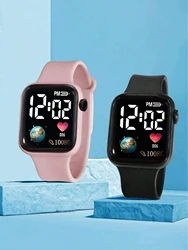 2PCS Black and pink double movement simple Earth rectangular silica gel electronic watch set gift for friends