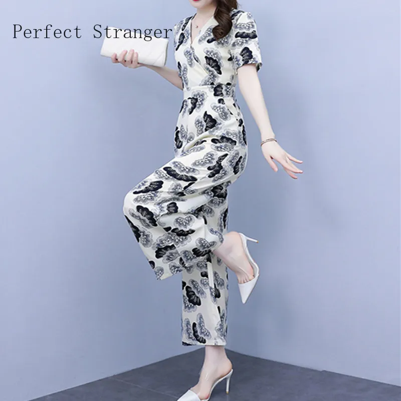 Hot Sale Women Elegant for Party 2022  Jumpsuit Short Sleeve High Waisted  Printed V Neck Long Rompers Office Overalls