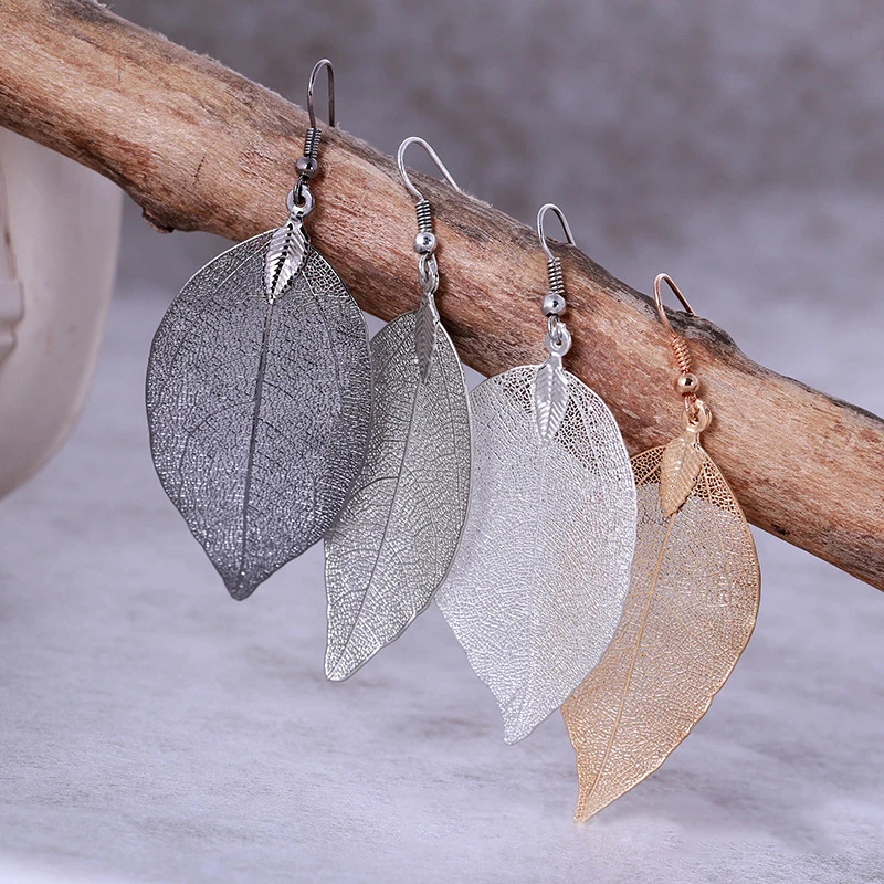 Unique Natural Real Leaf Earrings For Women Girls Lightweight Filigree Evergreen Dipped Genuine Leaves Dangle Earrings Jewelry