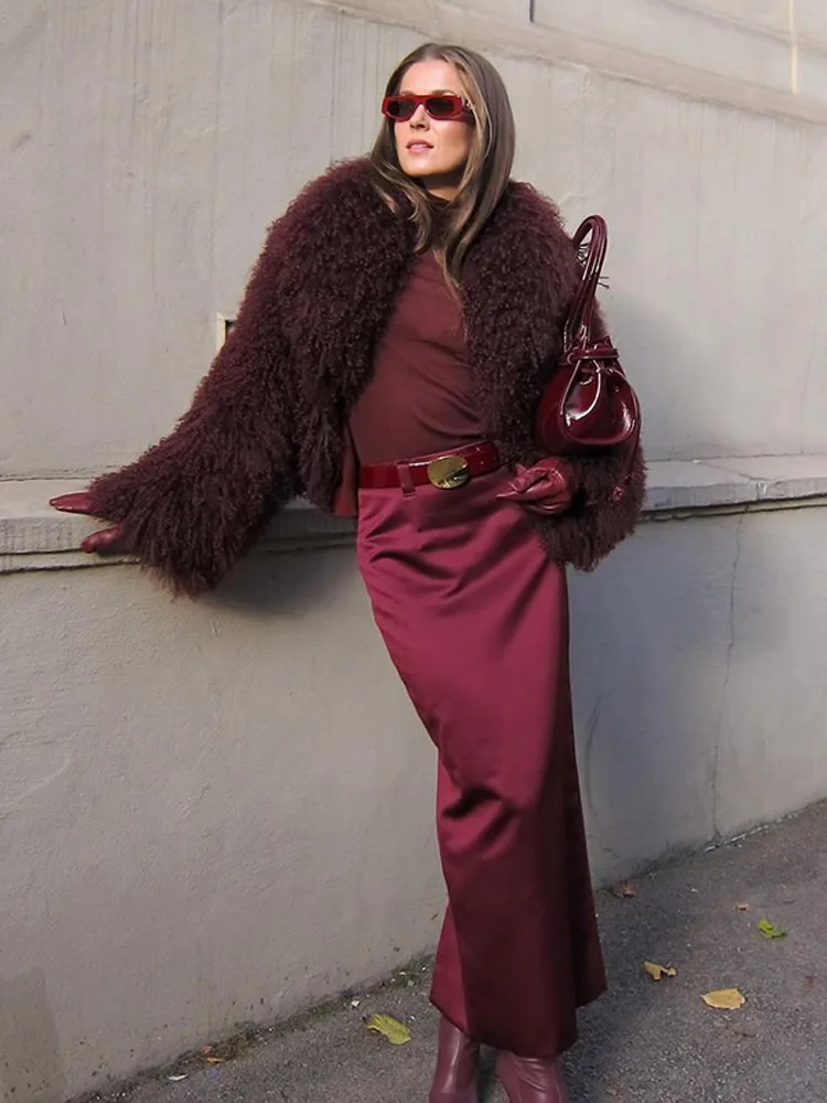 Chic Ins Burgundy Faux Fur Coat Women Fashion Thick Warm Long Sleeved Fluffy Jackets Autumn Winter Cool Girls Casual Overcoat