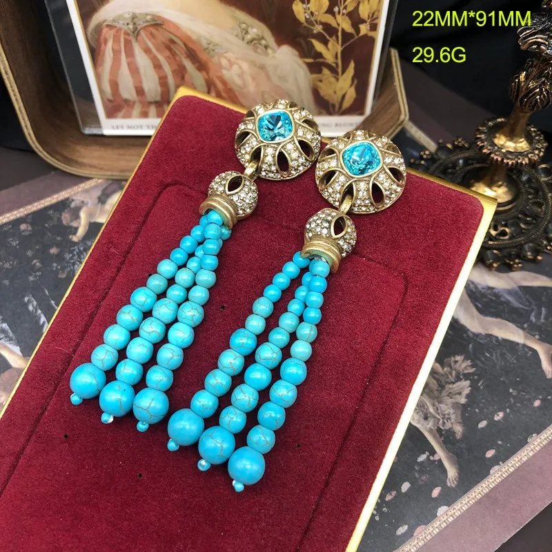 

Retro Style Earrings, Turquoise Fringed Earrings, Long Sweeping Shoulder Earrings, Hollow Gemstone Inlaid Versatile Stud Earring