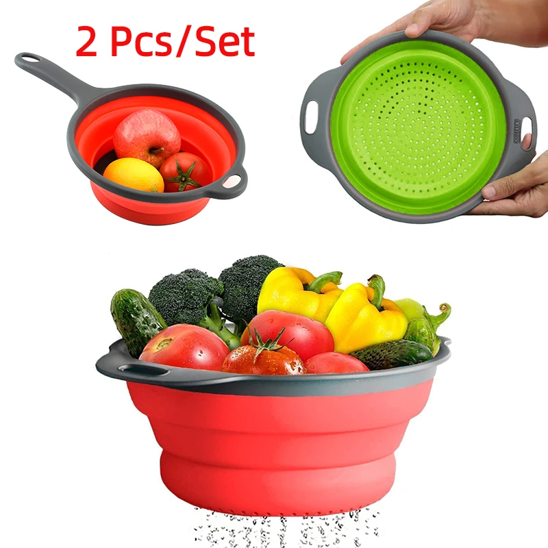 2 Pcs/Set Foldable Silicone Colander Fruit Vegetable Washing Basket Strainer With Handle Strainer Collapsible Drainer