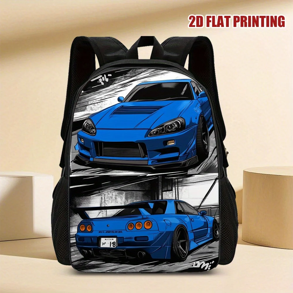 

1 Stylish Blue Racing Backpack - Sports 2D Flat Print Design with Aerodynamic Racing Pattern, Lightweight Polyester Bags