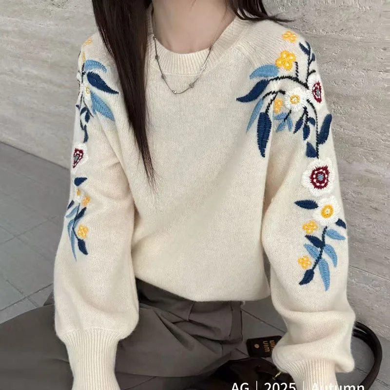

Floral Embroidery Cashmere Sweater Women Causal Knit Pullover Wool Knitwear Autumn Winter Lantern Sleeve Jumper