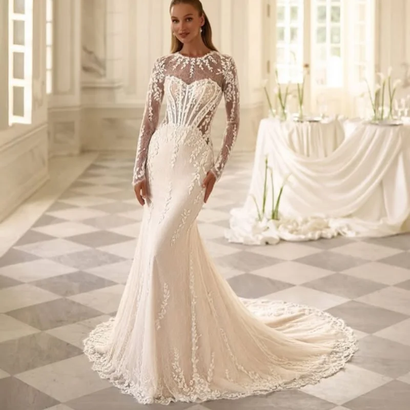 ivory white Appliques Wedding Dresses off-shoulder fishtail decal Long tail long sleeves Bridal Gowns Made Customized