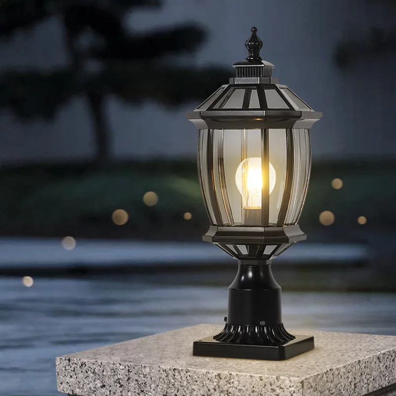Waterproof Gold Garden Landscape Column Light Outdoor Door Post Porch Light with Glass for Villa Decor