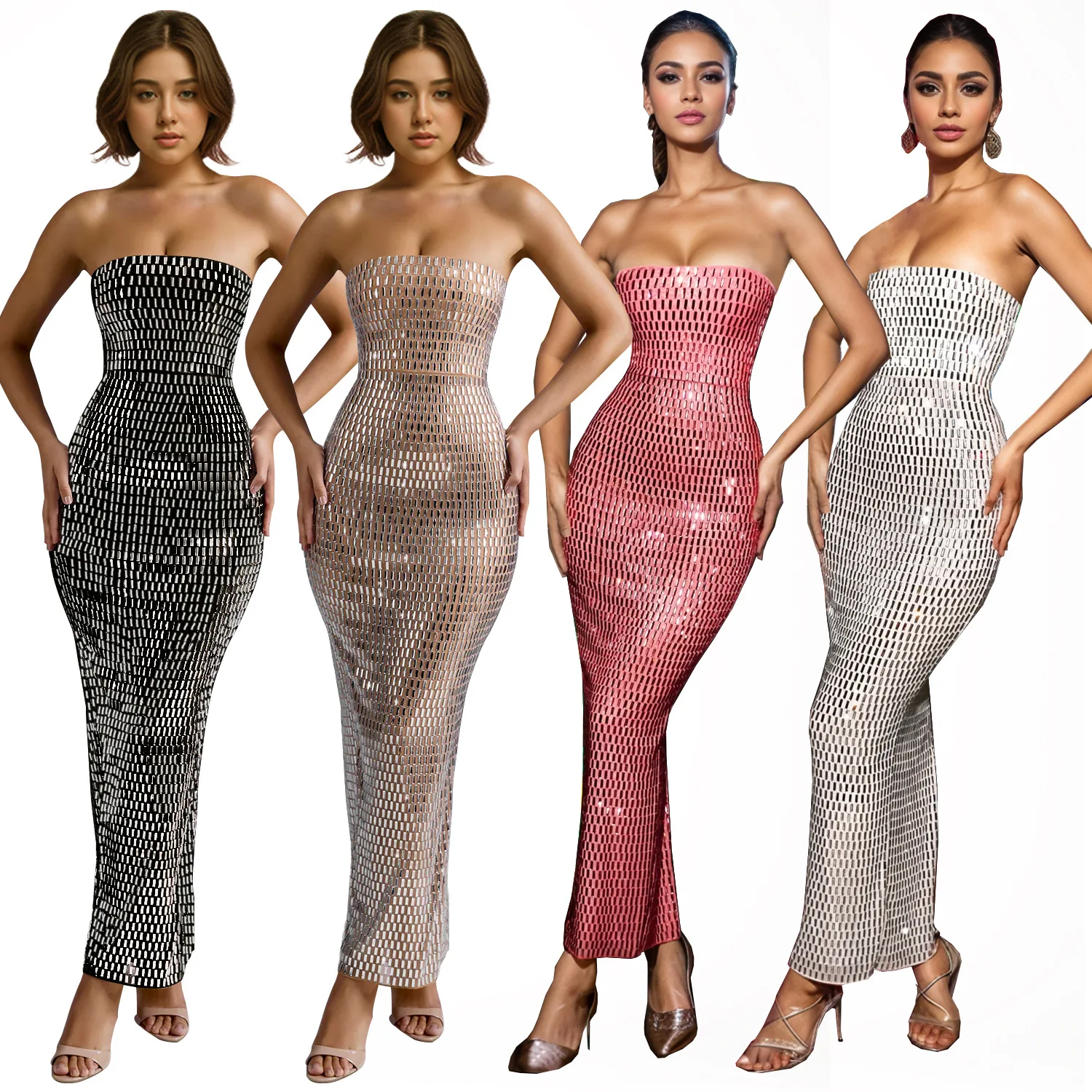 Fashionable  Color Hotfix Rhinestone Sleeveless Dress Elegant High Waist Milk Fiber Neutral One Step Skirt for Banquet