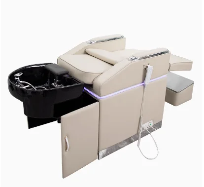 مجموعات أثاث صالون التجميل الراقية، سرير شامبو، كراسي ومرايا لتصفيف الشعر باللون البيج