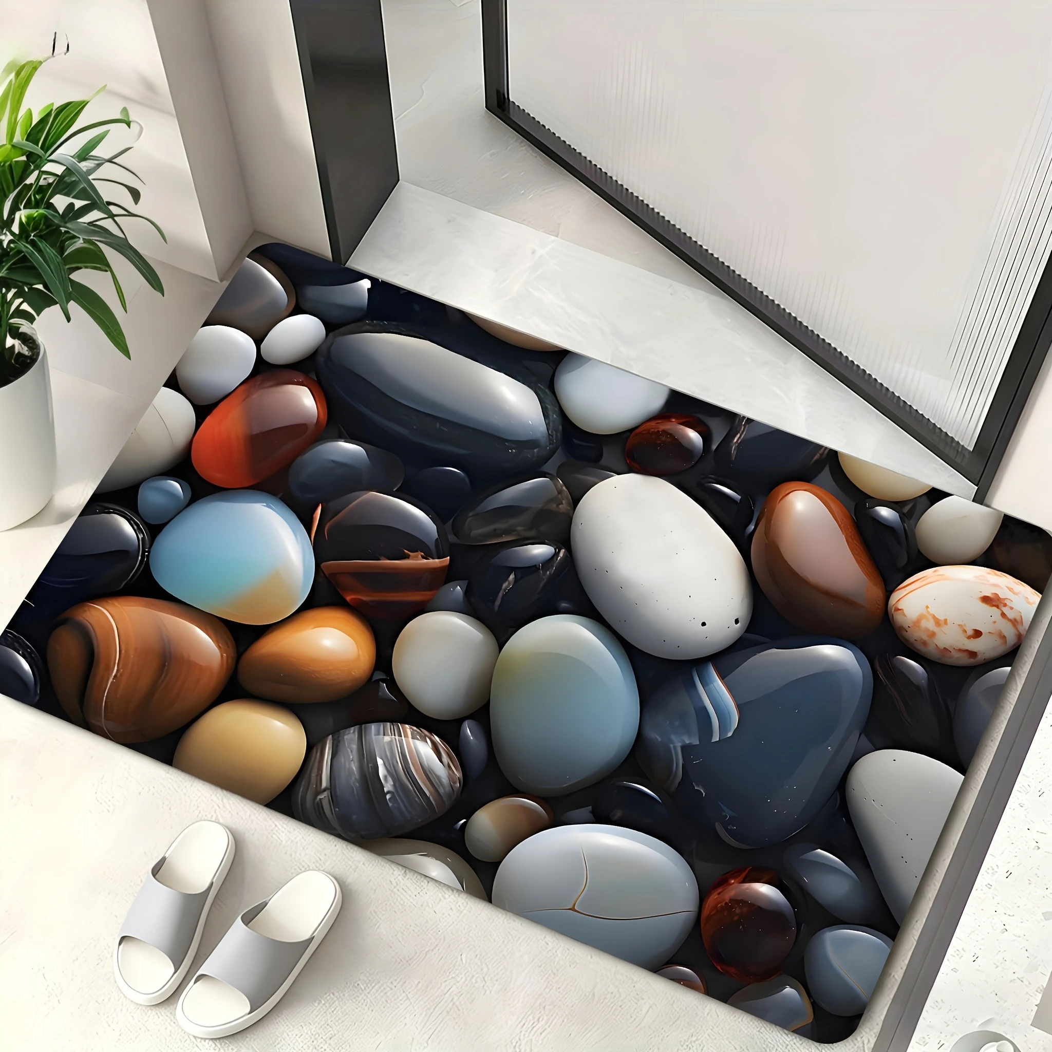 2D Colorful Polished Pebble Stone Bathroom Mat Natural Smooth River Rock Print Decorative Modern Indoor Bath Floor Rug