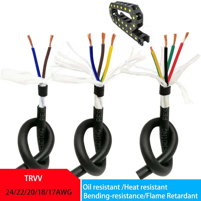 TRVV Drag Heat Resistant Oil Resistant Cable 22 20 18 17AWG 2/3/4/5/6/7/8/10/12Cores Black PVC Copper Wire Flexible CNC Cable