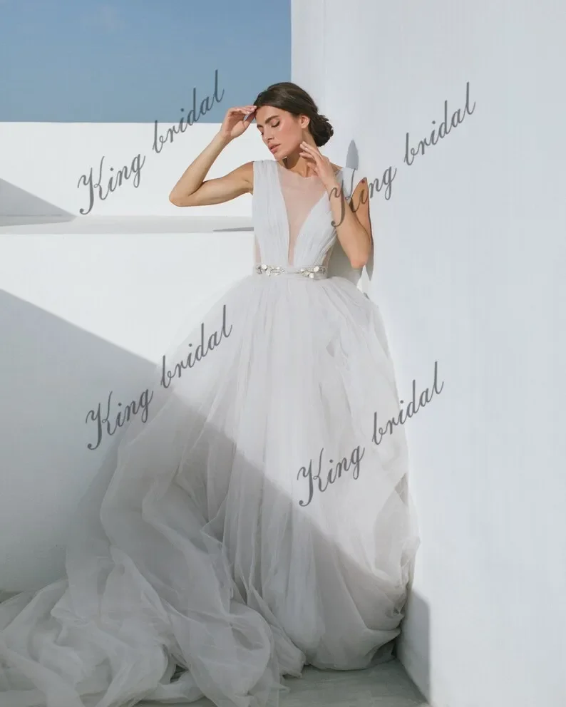 V-Ausschnitt, voller Hochzeitsrock, langer Tüll-Hochzeitsrock, weiß, schlichtes Brautkleid, Brautkleider, Brautkleider für Frauen, 2025, Braut