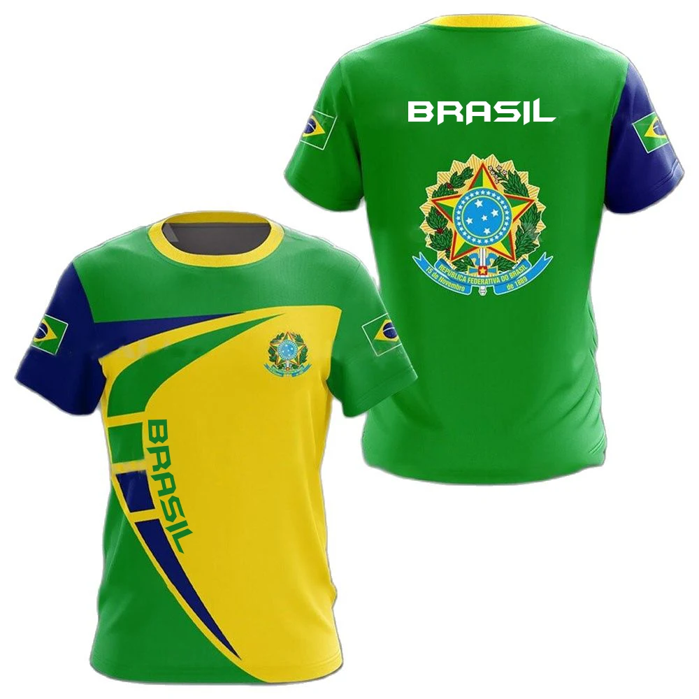 Camiseta con estampado 3D de bandera de emblema nacional de Brasil para niños y niñas, camiseta informal con cuello redondo, Top de moda, ropa para niños, Verano