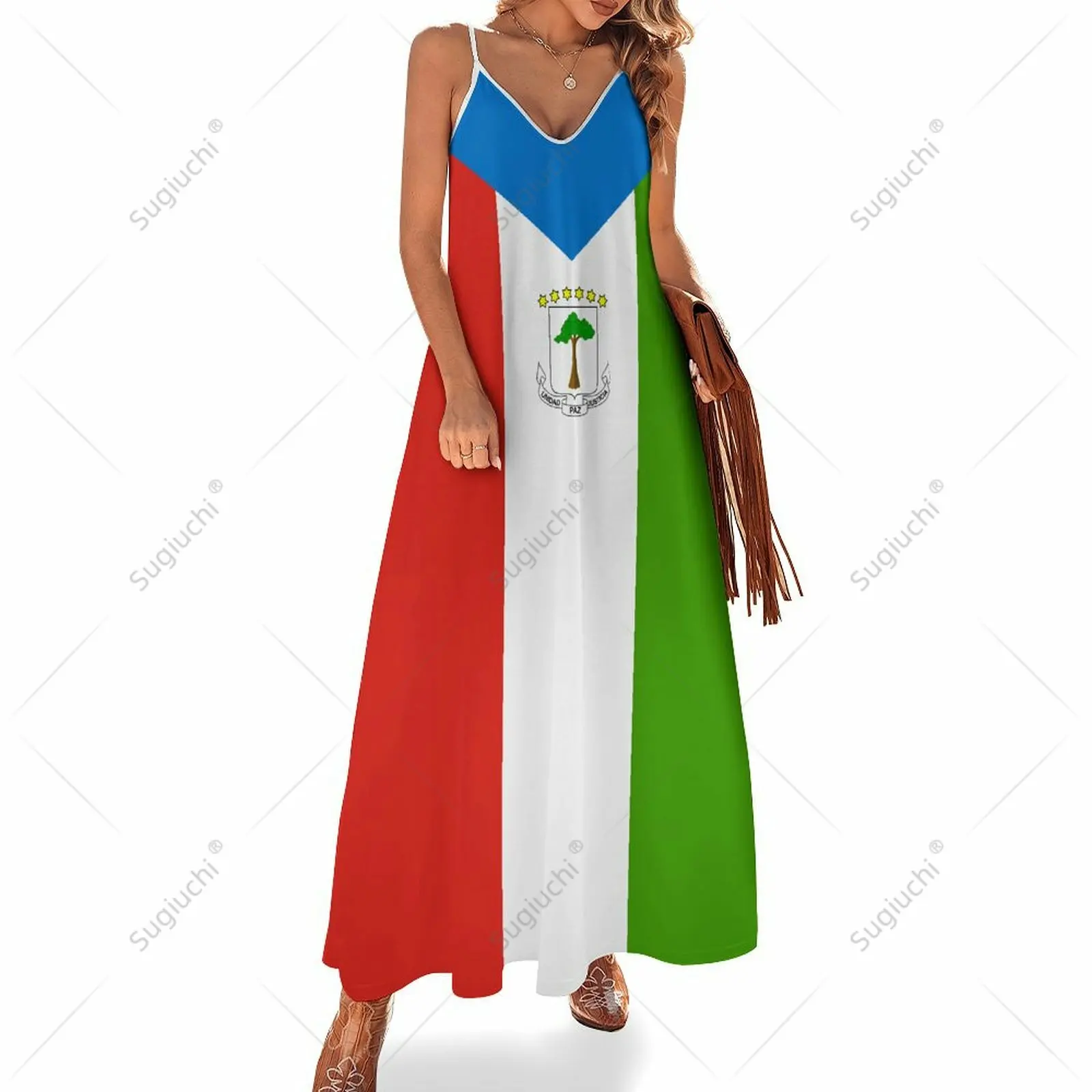 

Long Dresses Dress Equatorial Guinea Flag Print New Casual Sleeveless Women's V-Neck Printed Dress Swing Retro Dresses