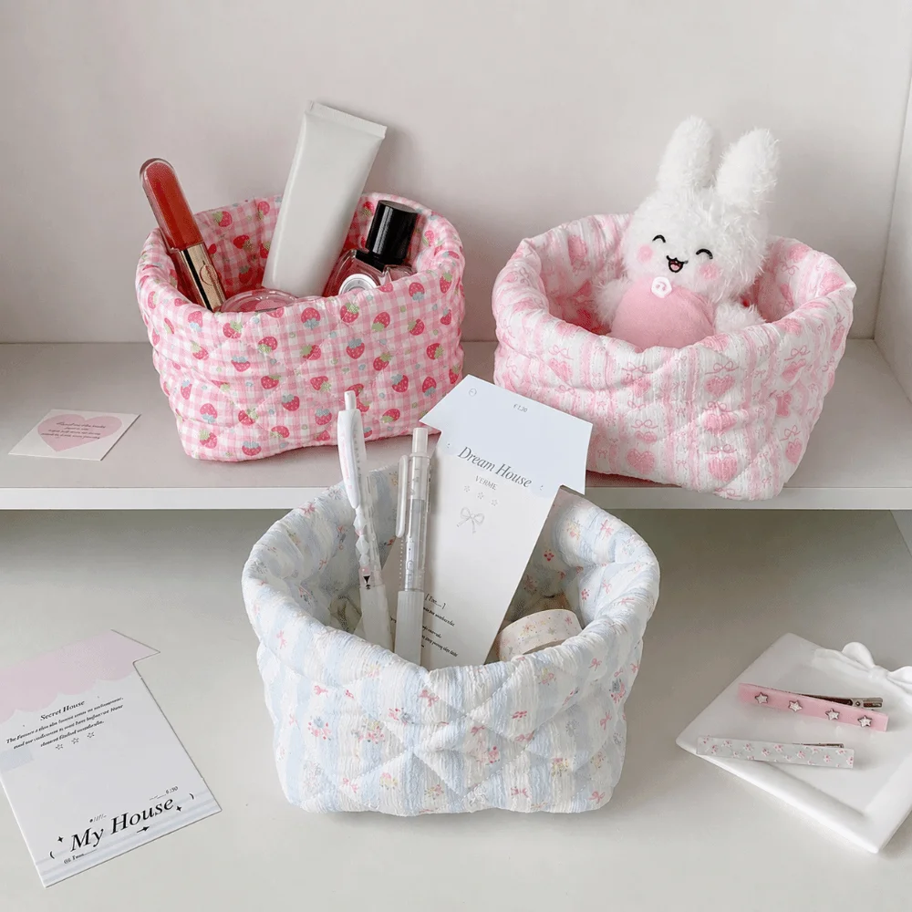 Quilted Fabric Desktop Storage Basket Large Capacity Floral Strawberry Print Pen Holder Foldable Desktop Storage Box