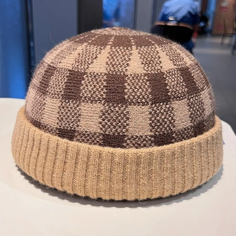 Striped Pattern Knitted Beanie Hat Thickened Warm Streetwear Docker Hat Rolled Edge Design Adjustable Fit Brimless Knit Cap