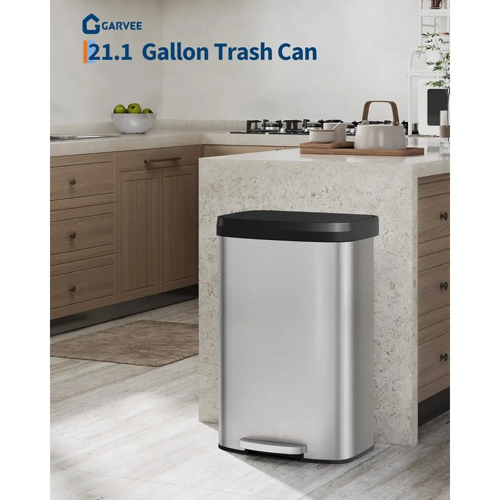 21 gal 80L Stainless Steel Step on Kitchen Trash Can with Lid Rustproof Metal Liner Rim Rear Handle Soft Close Silver