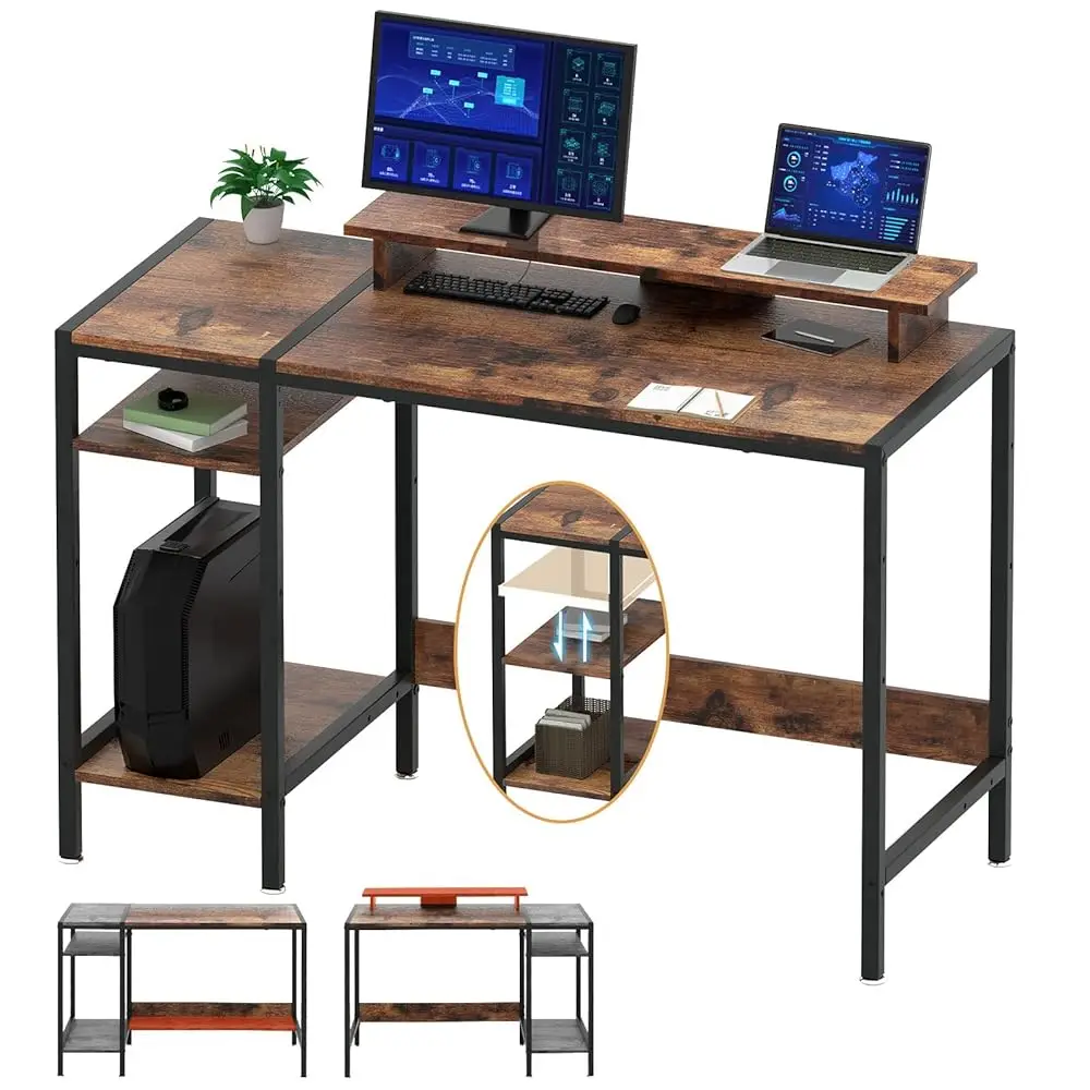 

Gaming/Computer Desk - 47” Home Office Small Desk With Monitor Stand, Rustic Writing Desk For 2 Monitors, Adjustable Storage