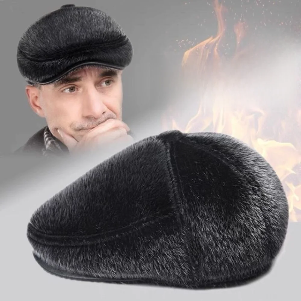 Faux Mink Fur Faux Mink Fur Beret Ear Flap Design Peaked Brim Flat Cap Thermal Lining Soft Fabric Winter Warm Hat Winter Season