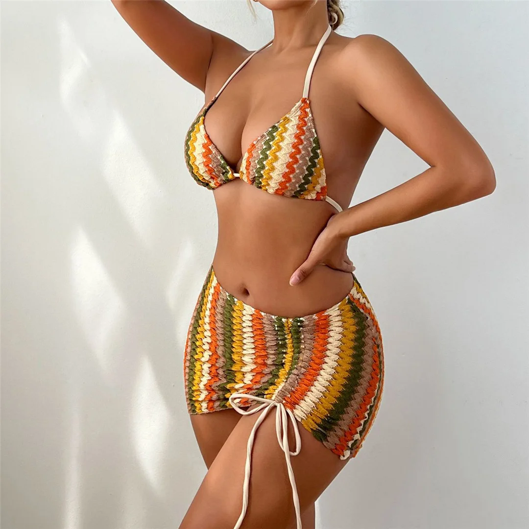 S - XL, mit Rock, bedruckter Neckholder-Bikini, Damen-Badebekleidung, dreiteiliges Bikini-Set, Badeanzug, Badebekleidung, Schwimmbekleidung V7521 – Detail 3